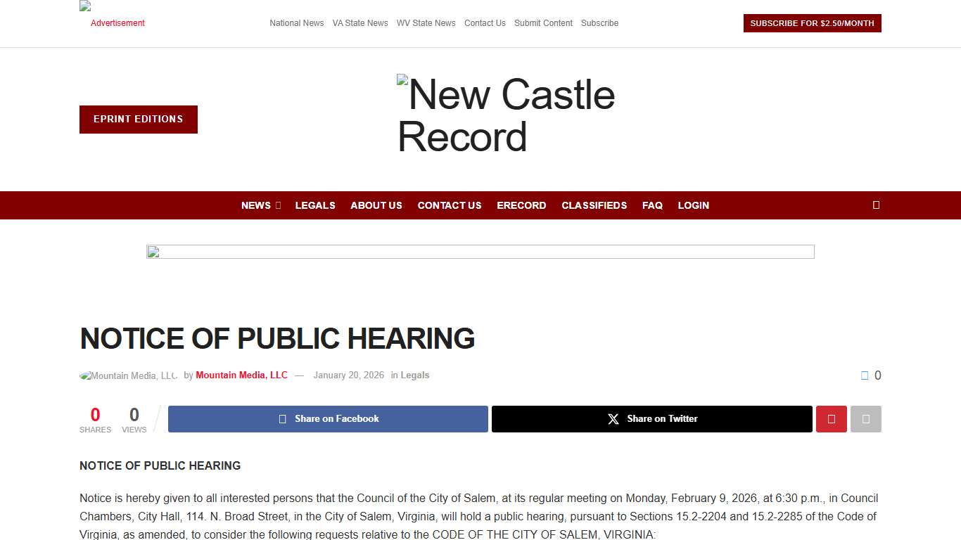 NOTICE OF PUBLIC HEARING – New Castle Record